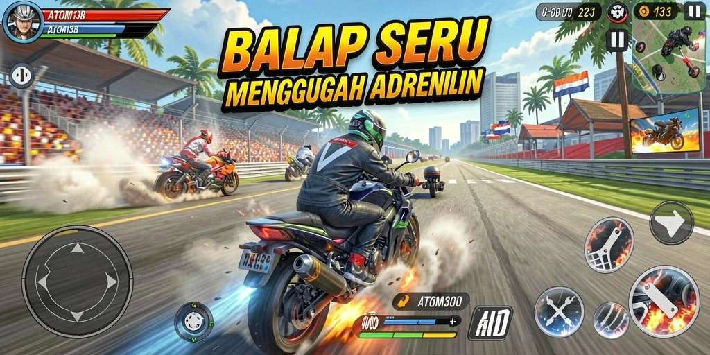 Screenshot gameplay ATOM138 menampilkan aksi balap mendebarkan yang penuh adrenalin.