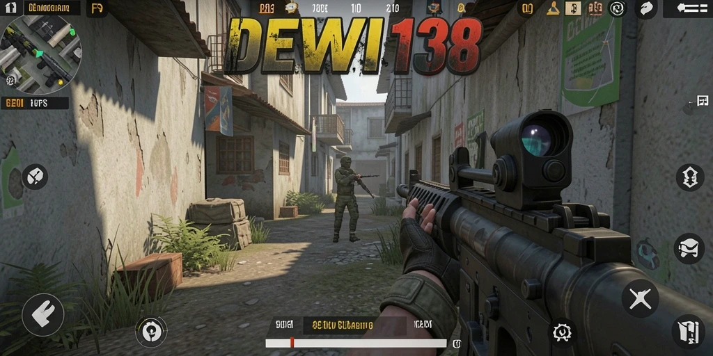 Tangkapan layar utama DEWI138 menampilkan aksi pertempuran FPS yang intens.