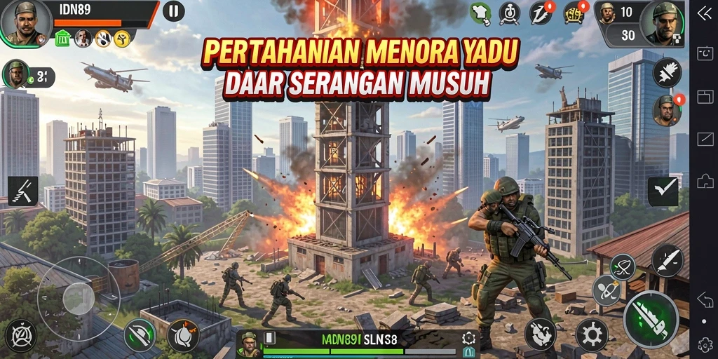 Screenshot gameplay IDN89 menampilkan pertahanan menara yang dinamis.