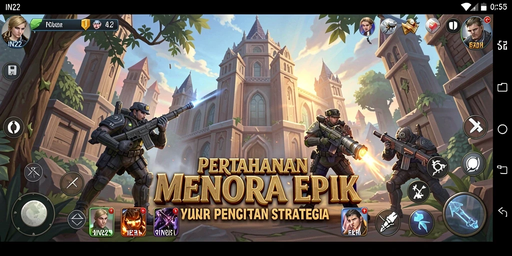 Screenshot menampilkan pertempuran strategis dalam game Tower Defense IN22.