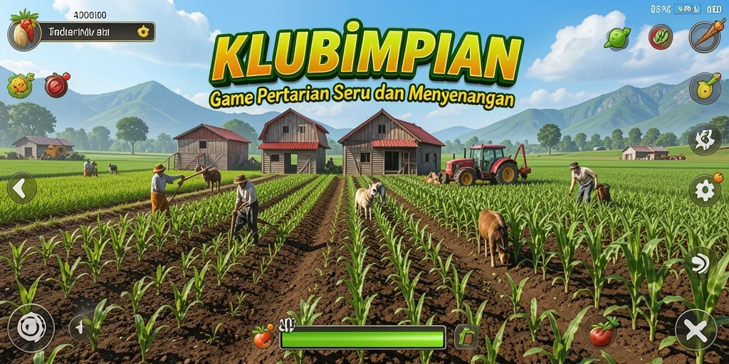 Screenshot gameplay KLUBIMPIAN menampilkan ladang yang subur dan hewan ternak.