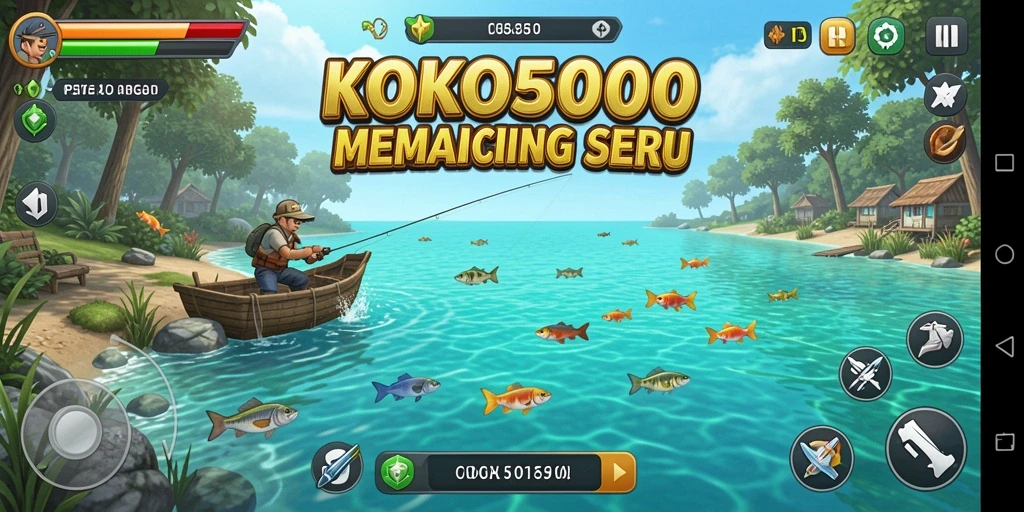 Screeshot KOKO5000 yang menampilkan aksi memancing seru di lokasi indah.