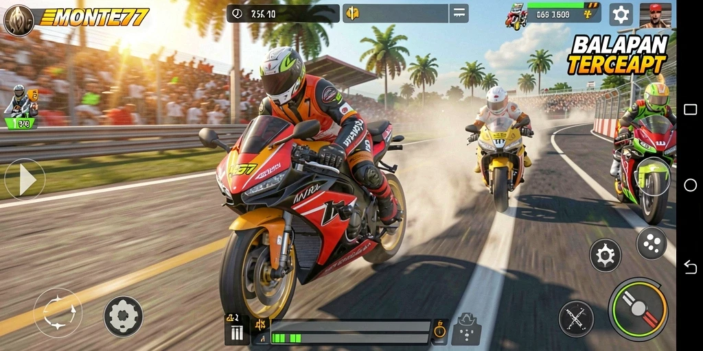Tampilan gameplay seru dari MONTE77 saat balapan motor.