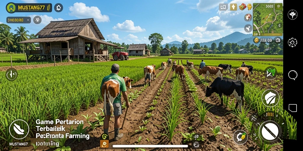 Screenshot gameplay MUSTANG77 menampilkan aktivitas bertani yang seru dan interaktif.