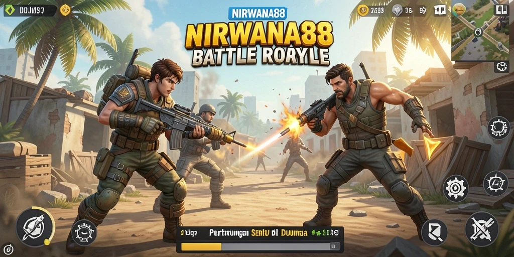 Screenshot gameplay NIRWANA88 menunjukkan aksi intens dalam pertarungan Battle Royale.