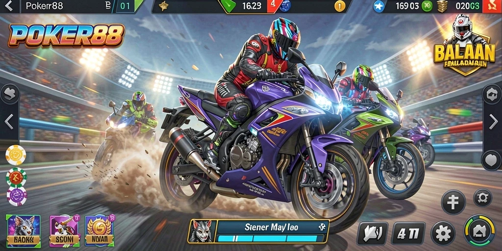 Tampilan gameplay POKER88 yang mendebarkan di lintasan balap.