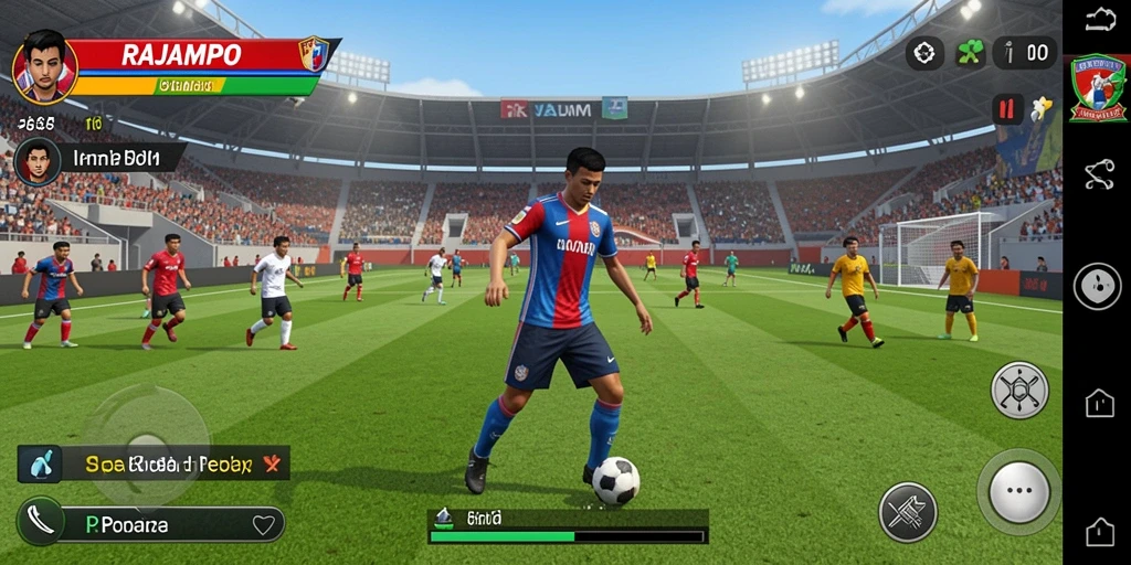 Screenshot gameplay RAJAMPO menampilkan momen menegangkan di lapangan sepak bola.