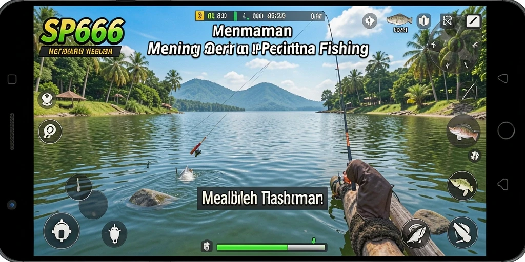 Screenshot SP666 menampilkan pemain yang sedang asyik memancing di danau yang indah.