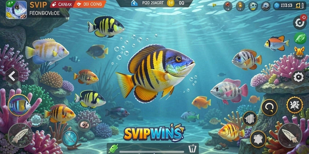 Tampilan gameplay dinamis dalam SVIPWINS yang menembak ikan.