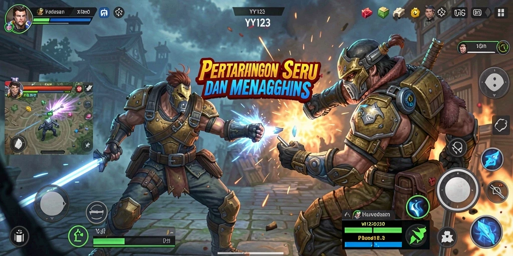 Screenshot YY123 menampilkan aksi pertarungan yang mendebarkan dan karakter beragam.